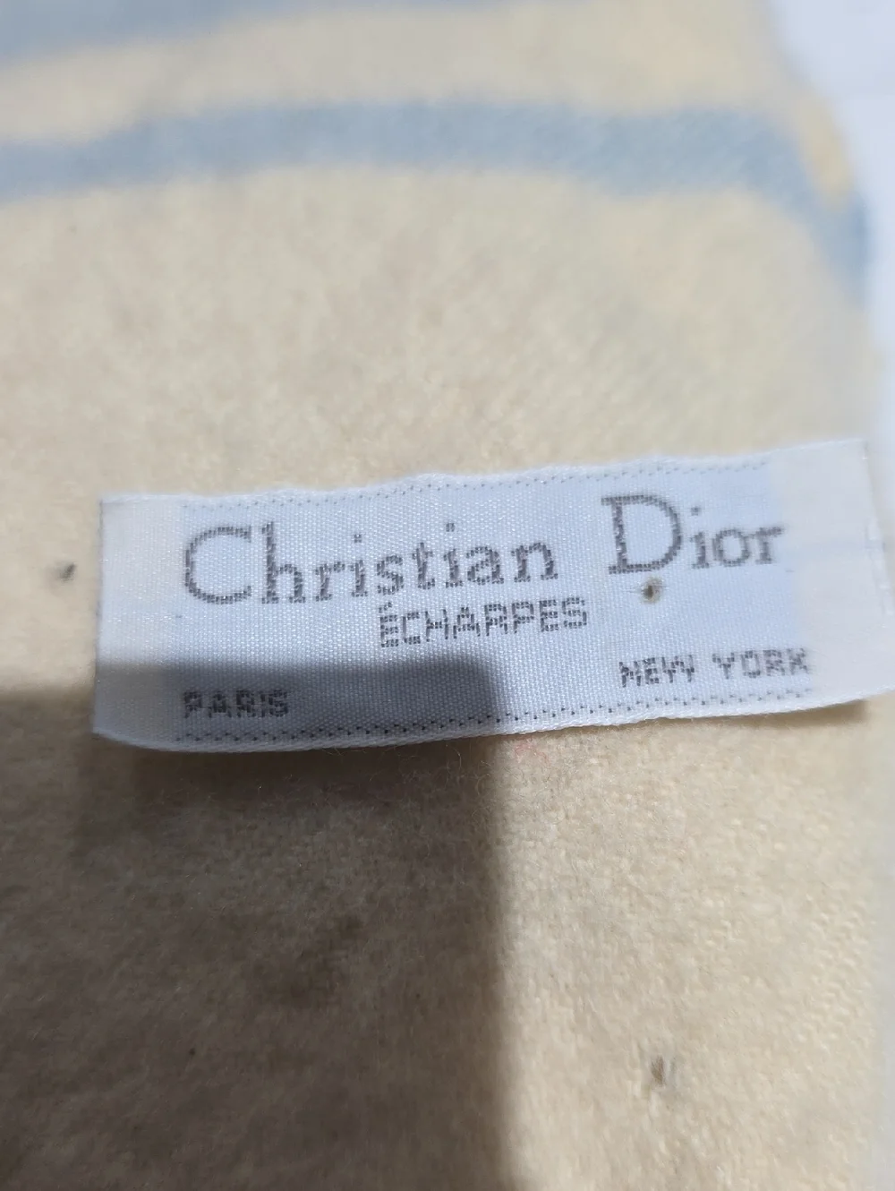 Christian Dior Vintage Wool Cream and Light Blue Striped Fringe Scarf One Size